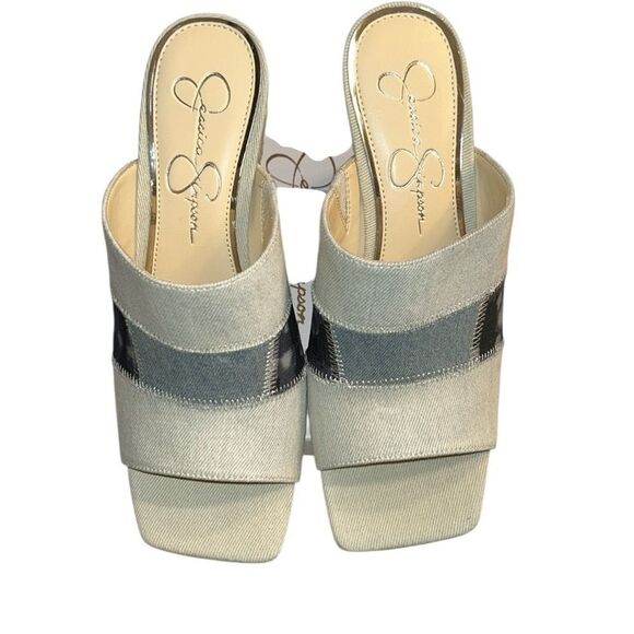 Jessica Simpson Blue Denim Patchwork Slip on Wedge Heel Sandals(Size 9W) - Picture 7 of 12